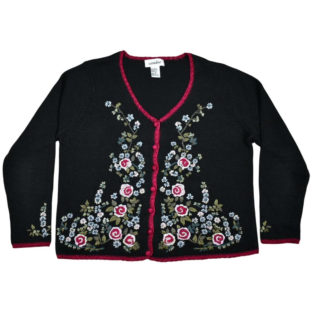 Vintage Floral Embroidered Cardigan Sweater Women's M Black Burgundy Cottagecore